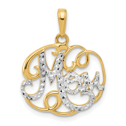 14K Yellow Gold and Rhodium Diamond-cut MOM in Fancy Pendant