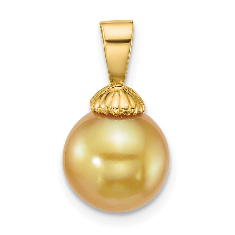 14K Yellow Gold Polished 9-10mm Round Golden South Sea Saltwater Cultured Pearl Pendant