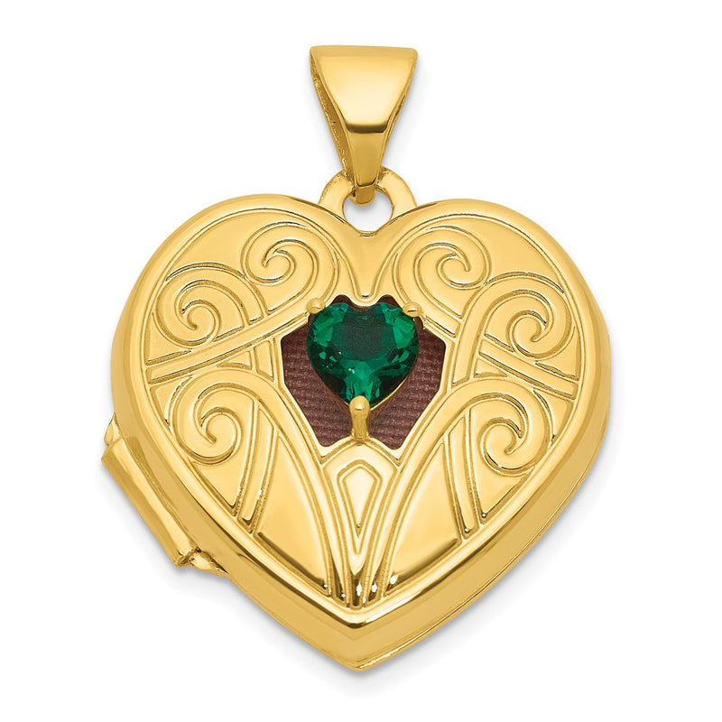 14K Yellow Gold Polished Lab Created Emerald May Birthstone 18mm Heart Locket