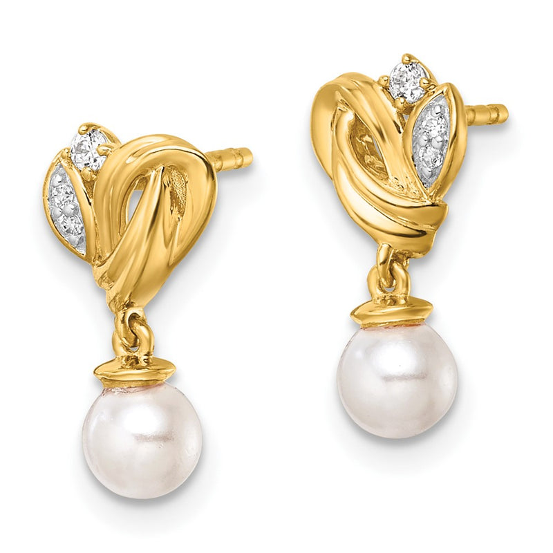 14K Yellow Gold Polished 1/15 carat Diamond and Freshwater Cultured Pearl Dangle Post Earrings