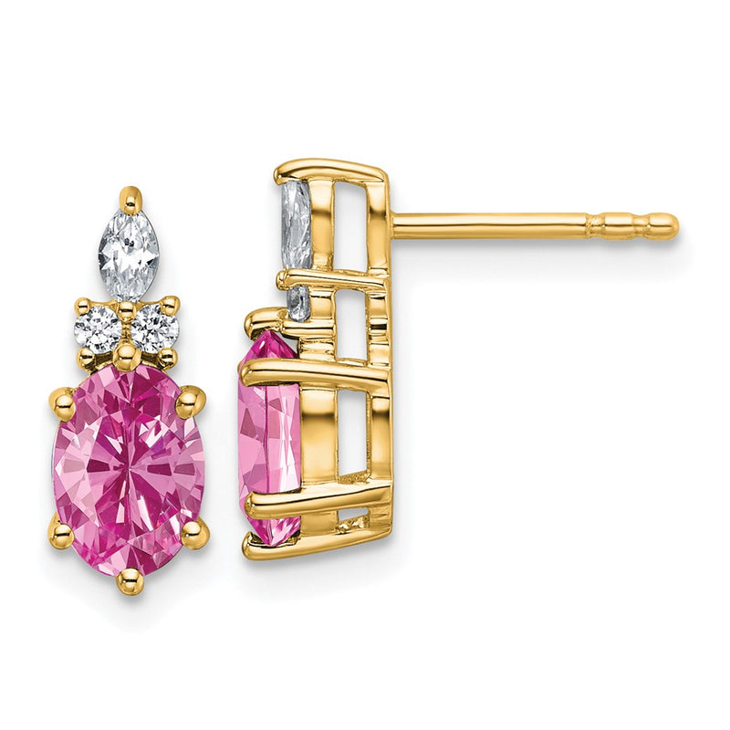 14K Yellow Gold Diamond and 7x5 Oval October/Lab Created Pink Sapphire Post Earrings