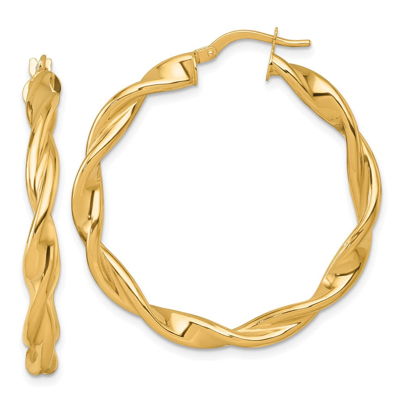 14K Yellow Gold Polished Twisted 4.00 x 38mm Tube Hoop Earrings