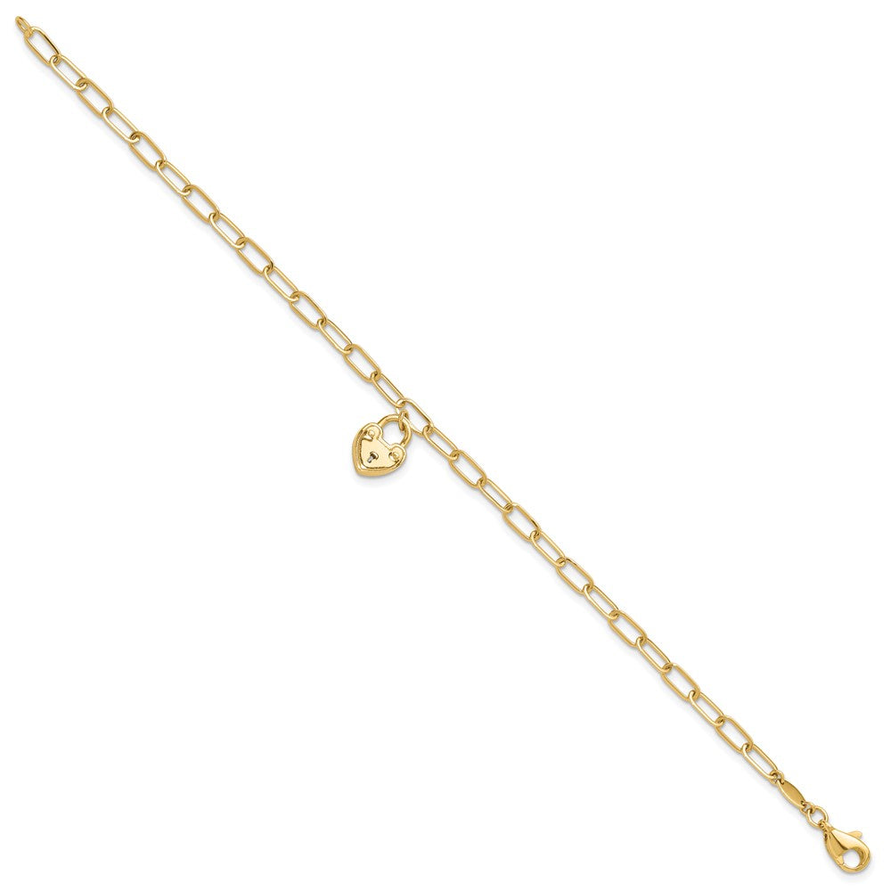 14K Yellow Gold Polished Heart Lock Charm Paperclip Link 7.5 Inch Bracelet