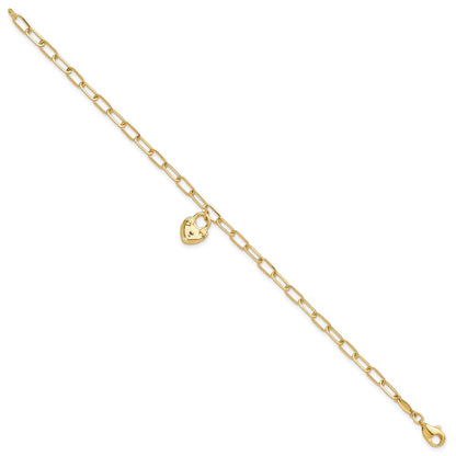 14K Yellow Gold Polished Heart Lock Charm Paperclip Link 7.5 Inch Bracelet