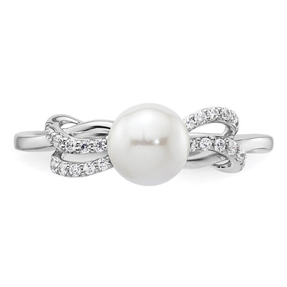 14K White Gold Polished 1/10 carat Diamond and White Freshwater Cultured Pearl Size 7 Ring