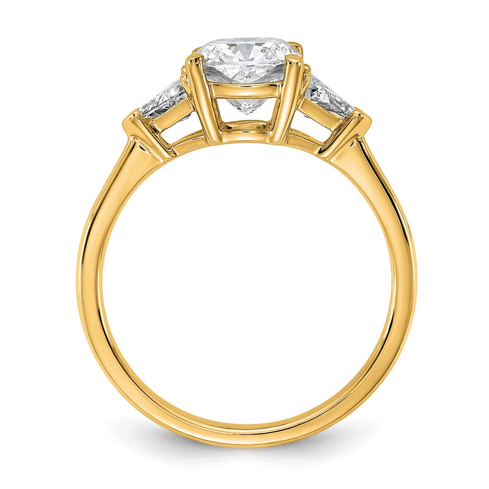 14K Yellow Gold 1/2 carat Lab Grown Diamond VS+ F+ Triangle 1 1/2 carat Cushion Center Semi Mount Three Stone Engagement Ring