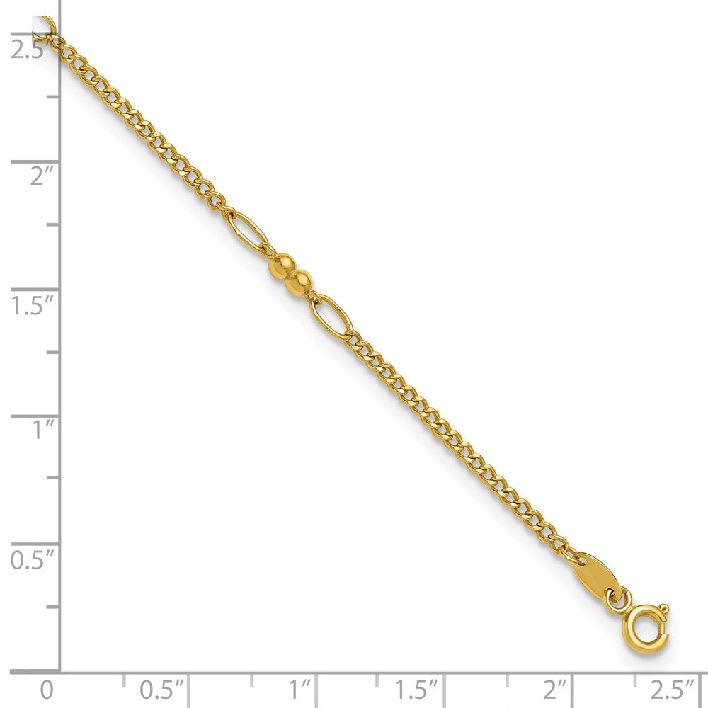 14K Yellow Gold Polished and Diamond-cut 5-Station Beaded Mixed Link Chain Anklet