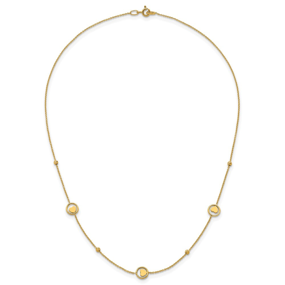 14K Yellow Gold Polished Heart in Circle with Diamond-cut Beads 7-Station 16.75 Inch Necklace