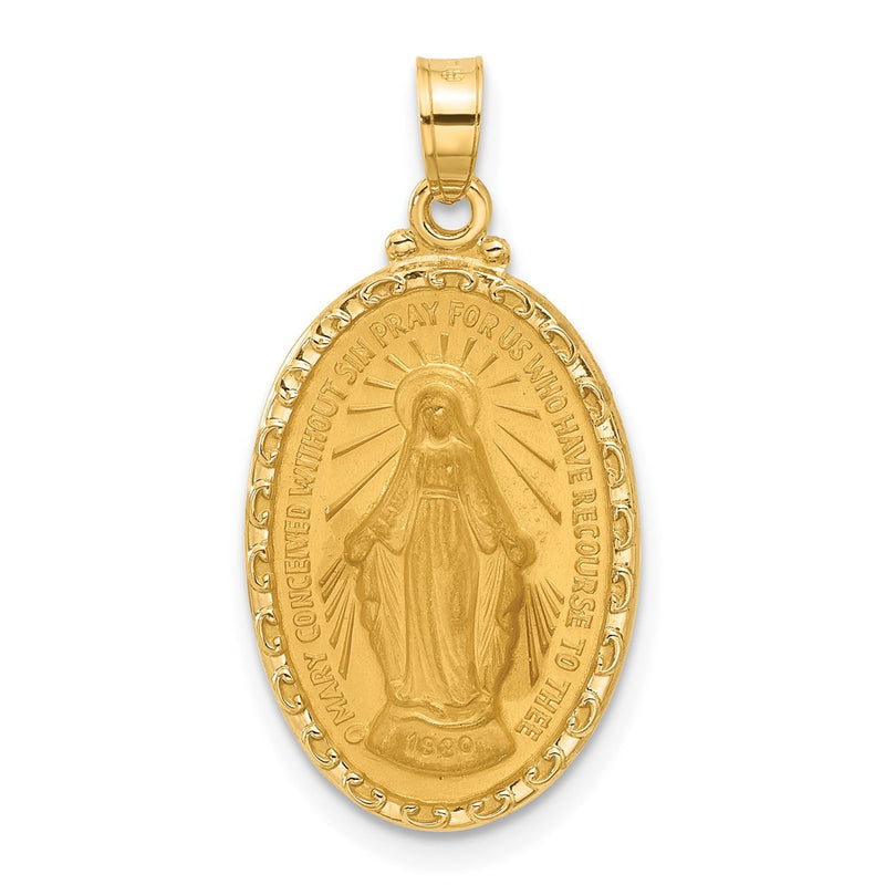 14K Yellow Gold Polished and Satin Solid Miraculous Medal Oval Pendant