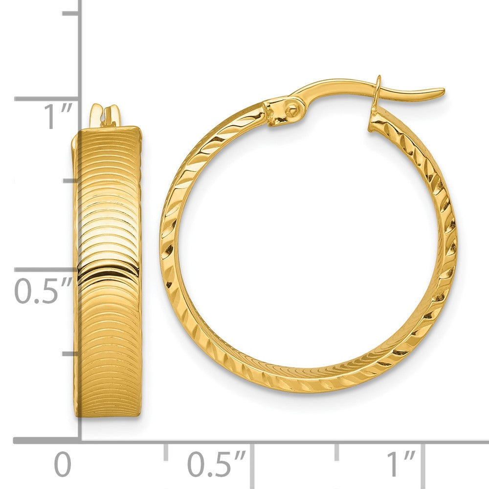 14K Yellow Gold Polished 5.0 x 22mm Diamond-Cut Textured Tube Hoop Earrings