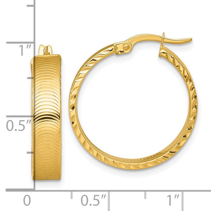 14K Yellow Gold Polished 5.0 x 22mm Diamond-Cut Textured Tube Hoop Earrings