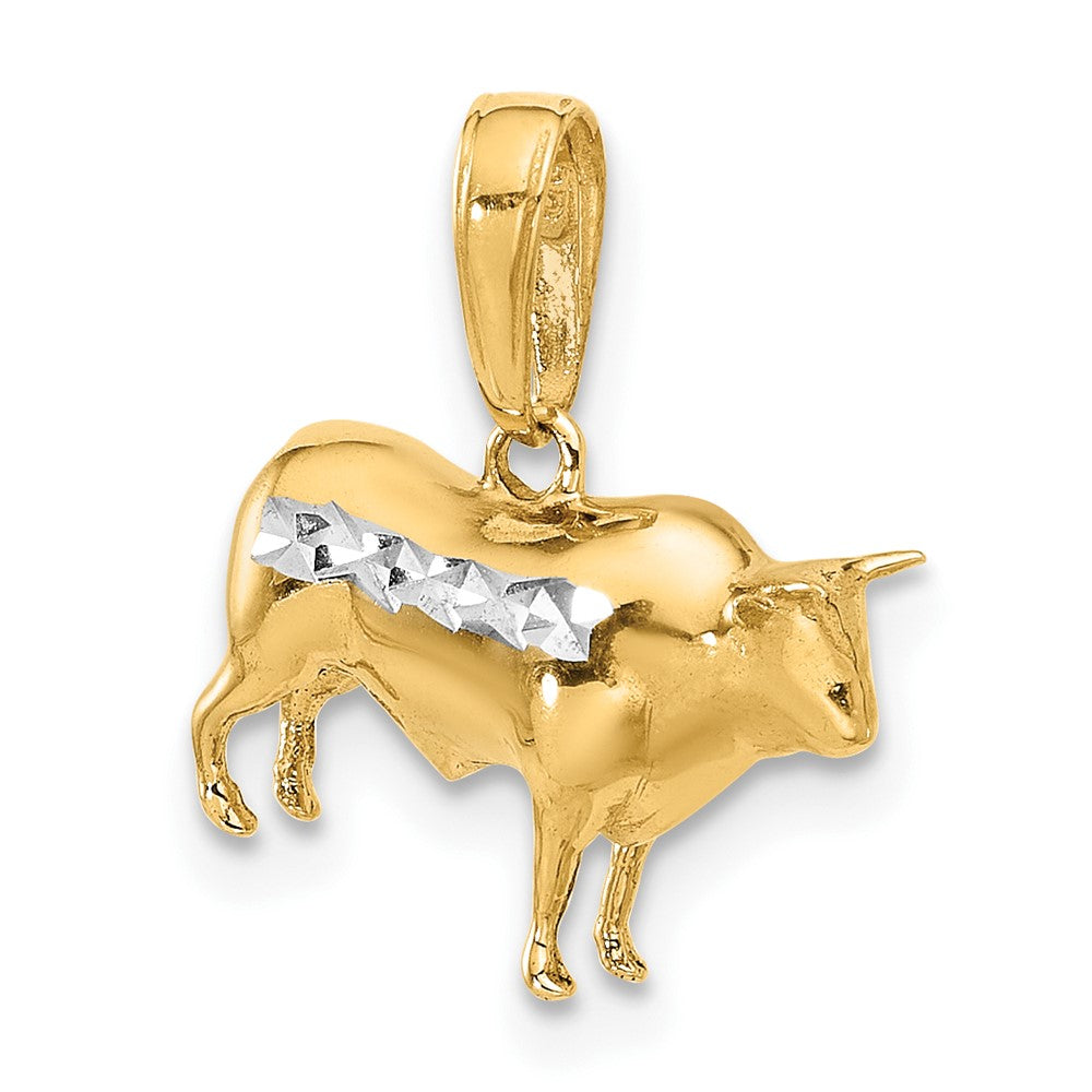 14K Yellow Gold and Rhodium Diamond-cut 3-D Bull Pendant