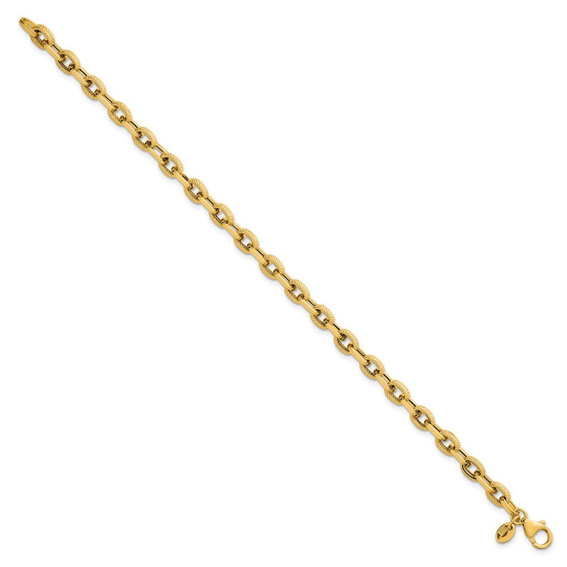 14K Yellow Gold Polished and Textured 4.9mm Fancy Cable Link 7.5 Inch Bracelet