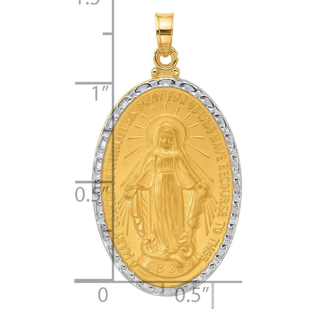 14K Yellow Gold and Rhodium Polished and Satin Solid Miraculous Medal Oval Pendant