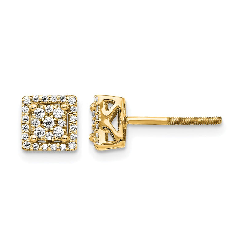 14K Yellow Gold 1/4 carat Diamond Cluster Square Screwback Post Earrings