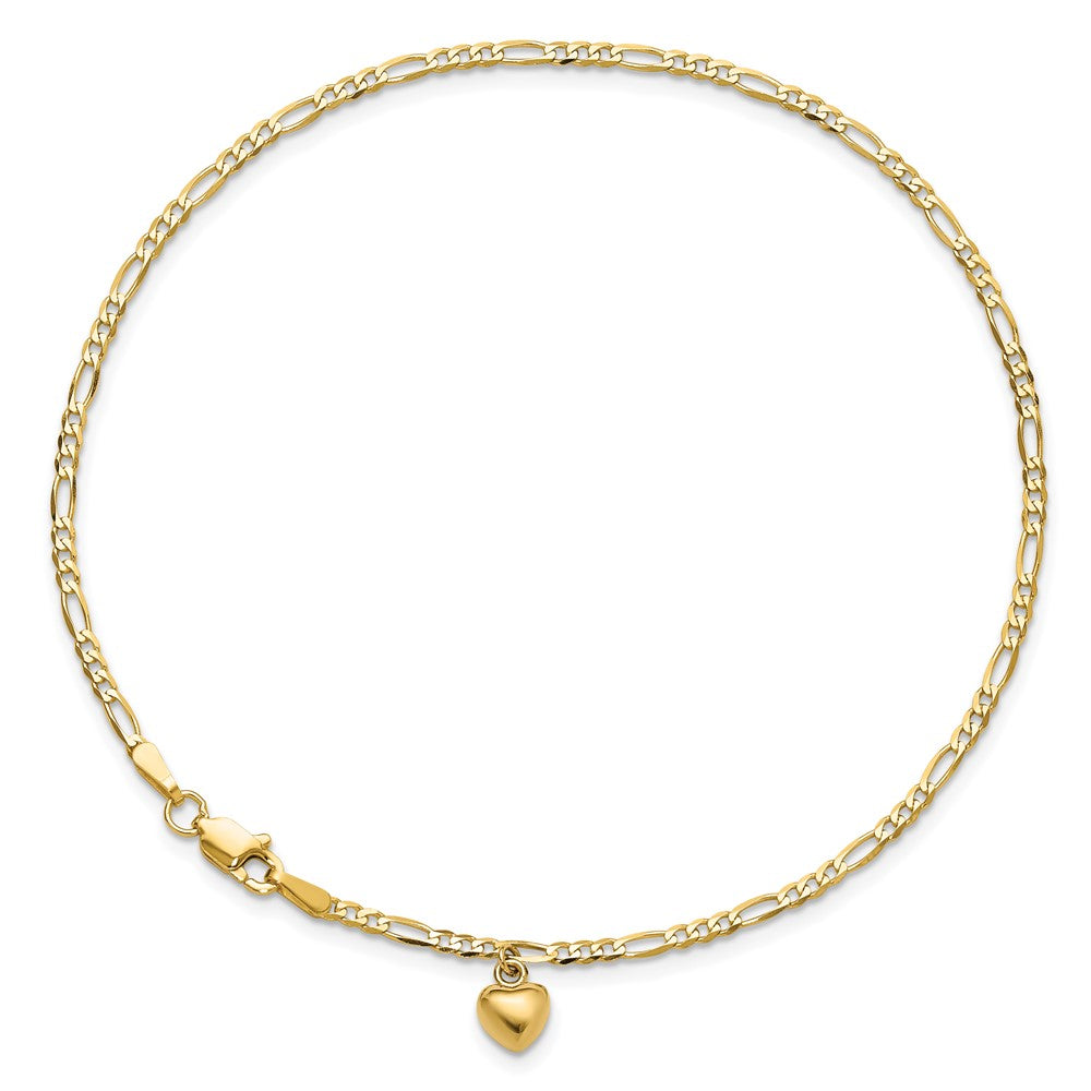 14K Yellow Gold Figaro Link Chain with Dangling Puffed Heart Anklet