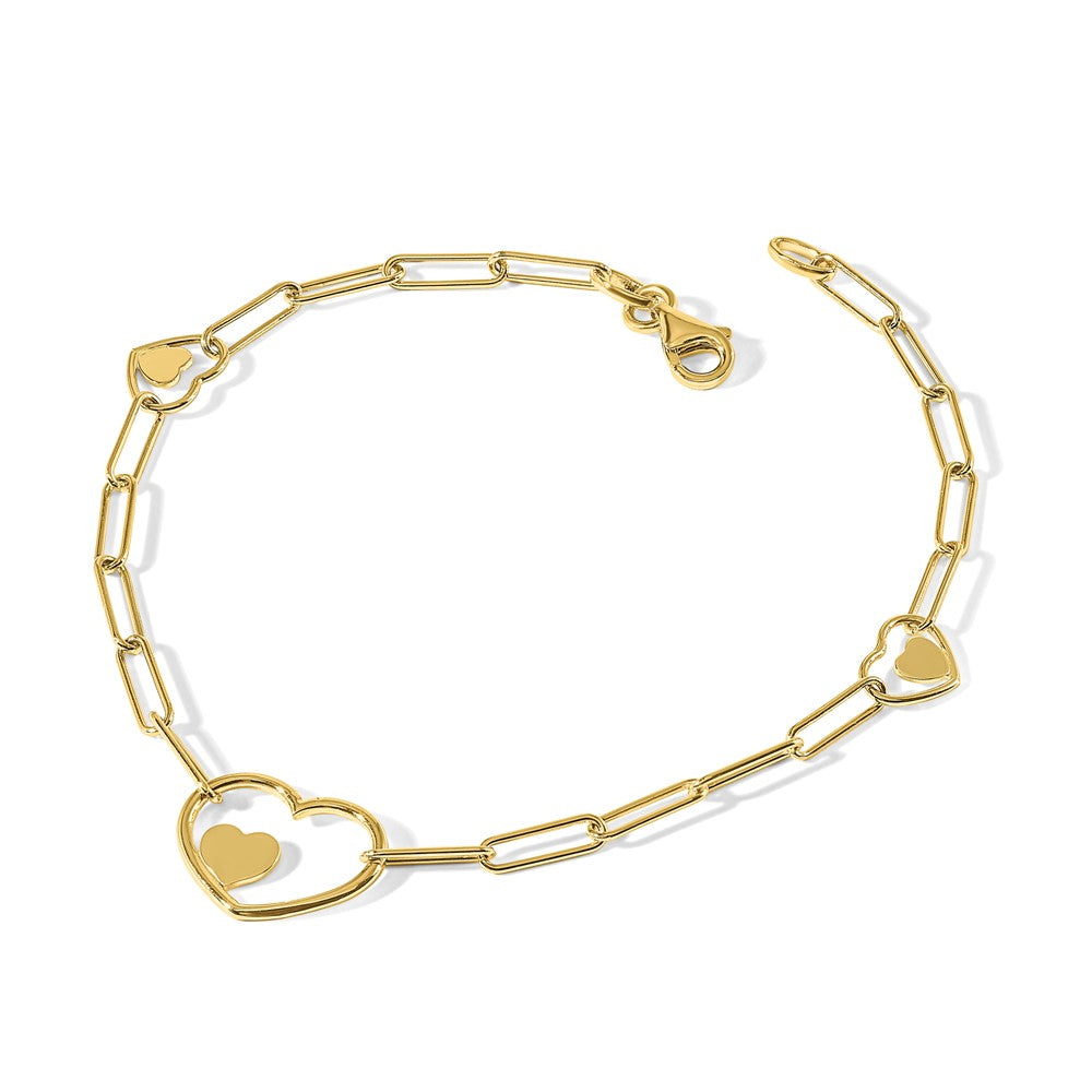 14K Yellow Gold Double Hearts and Paperclip Links Chain Bracelet