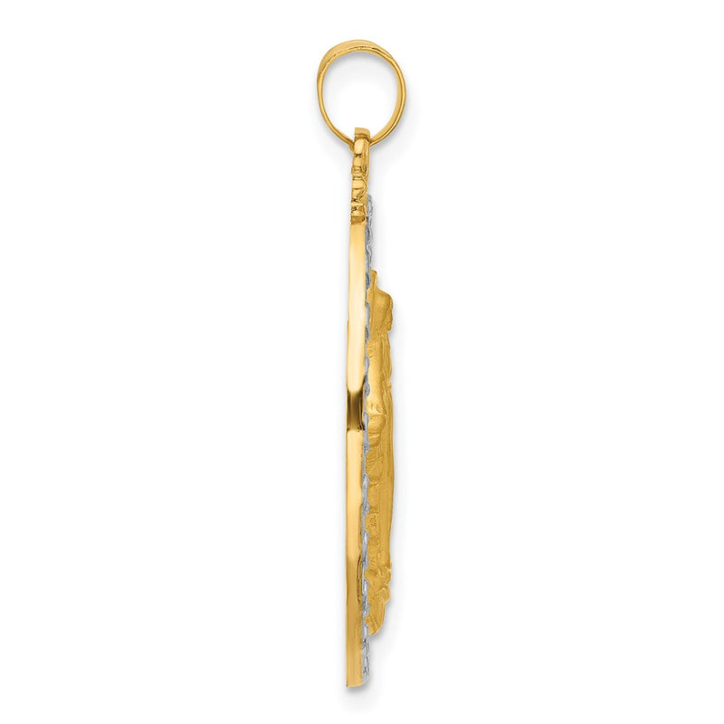 14K Yellow Gold and Rhodium Polished and Satin Solid Miraculous Medal Oval Pendant