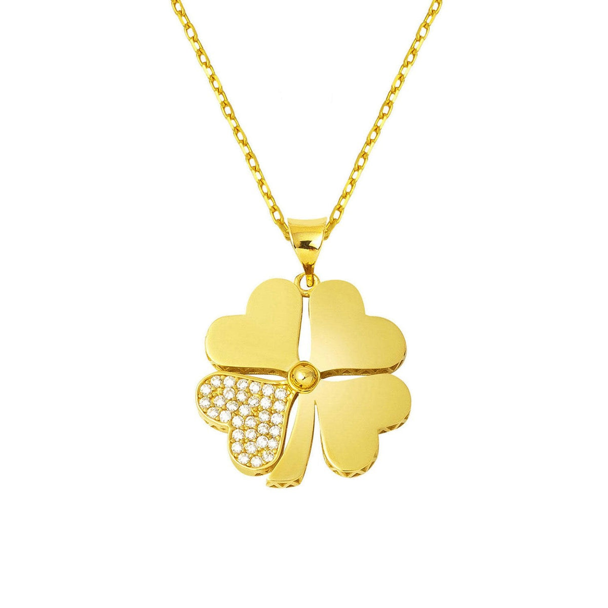 14K Yellow Gold Chain Clover Cubic Zirconia Necklace