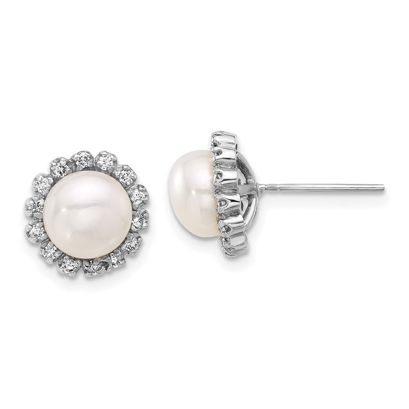 14K White Gold 7-8mm White Button Freshwater Cultured Pearl and .28 Carat Diamond Halo Post Earrings