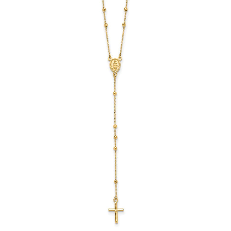 14K Yellow Gold Polished Cross and Miraculous Medal Beaded 24.5 Inch Rosary