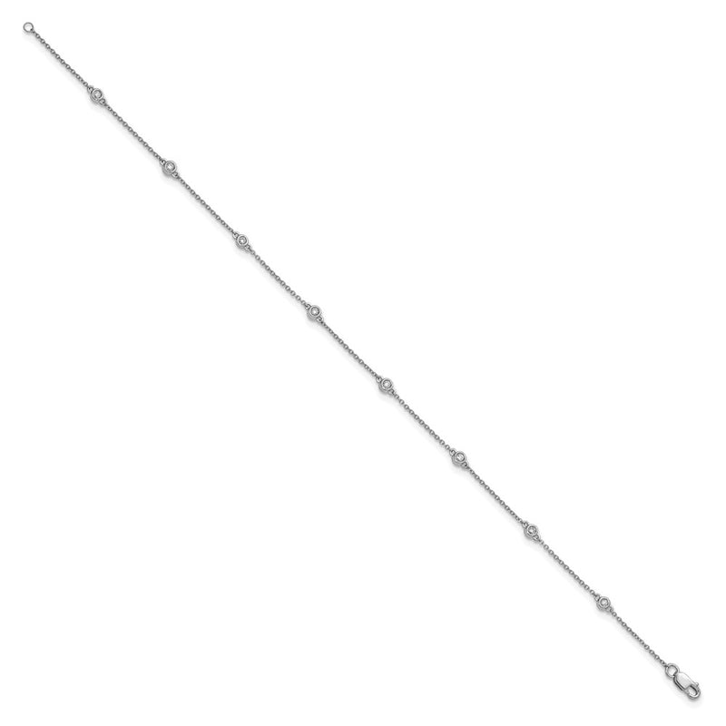 14K White Gold Complete 1/8 carat Bezel-set Diamond and Cable Chain 8-Station 9 Inch Anklet