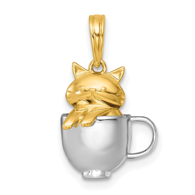 14K Yellow Gold with Rhodium Polished 3-D Cat In Mug Charm