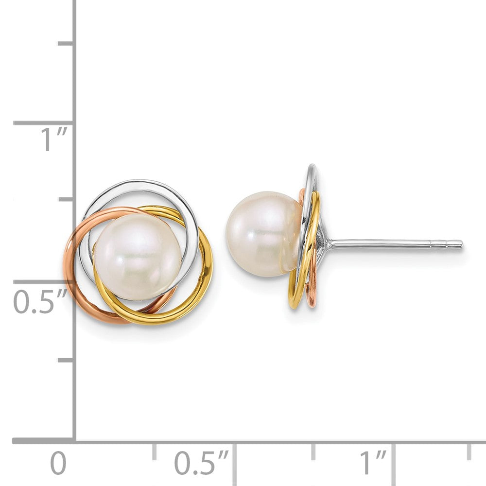 14K Tri-Color Gold Tri-color Polished 6-7mm Round South Sea Saltwater Cultured Pearl Love Knot Post Earrings