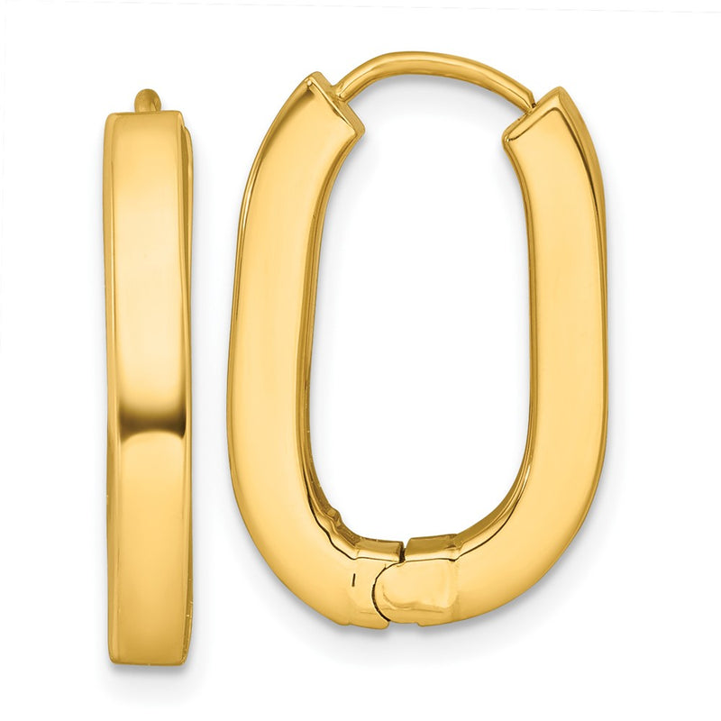 14K Yellow Gold Polished 3.25mm Oval Square Tube Hinged Hoop Earrings