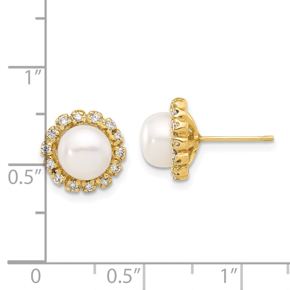 14K Yellow Gold 7-8mm Button Freshwater Cultured Pearl and .28 Carat Diamond Halo Post Earrings