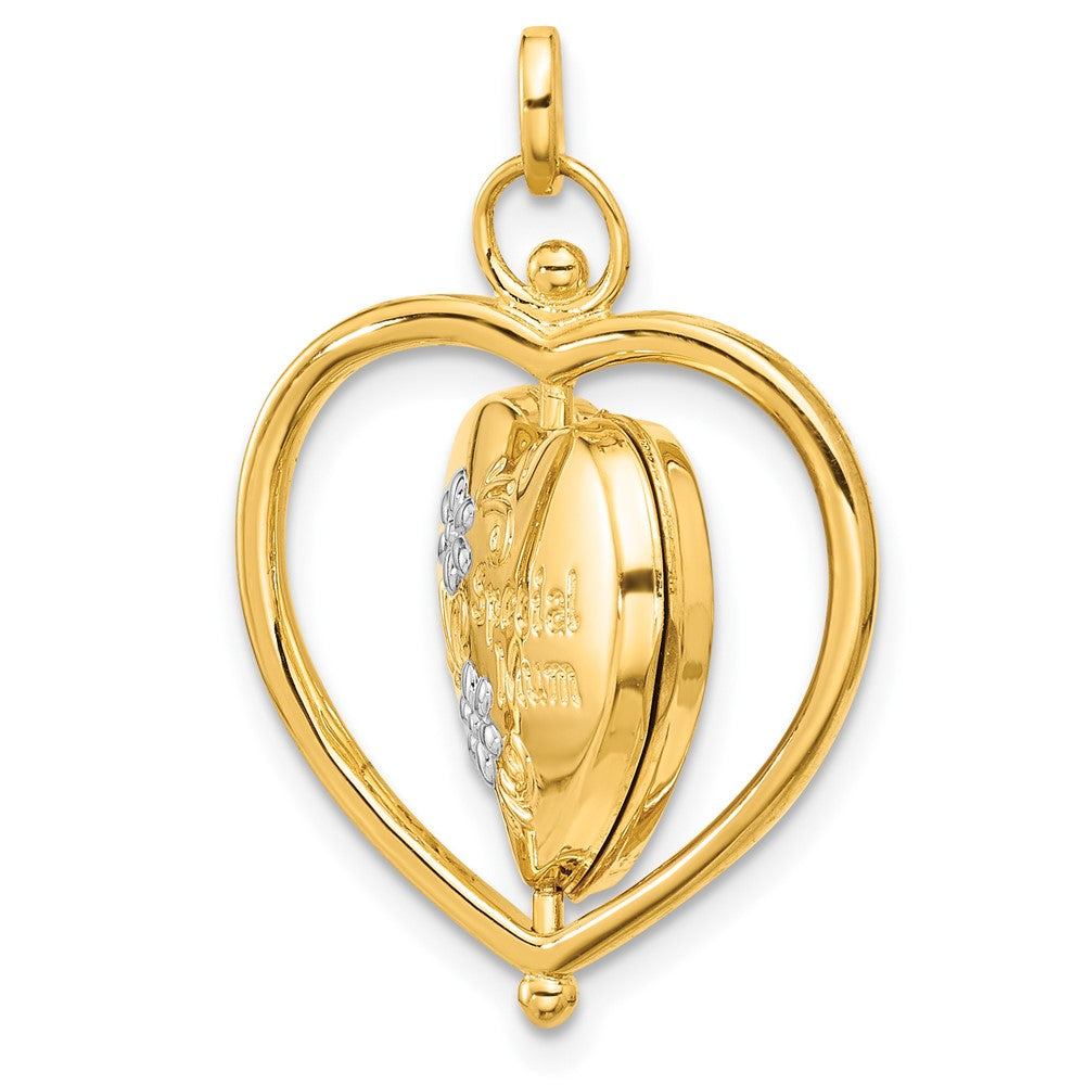 14K Yellow Gold and Rhodium Floral SPECIAL MUM and Tree in Spinning Frame Reversible 15mm Heart Locket