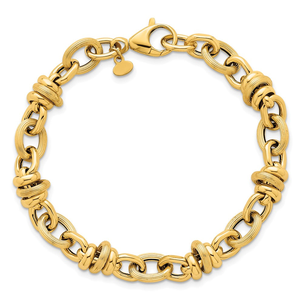 14K Yellow Gold Polished and Textured Round and Oval Fancy Chain 7.5 Inch Bracelet