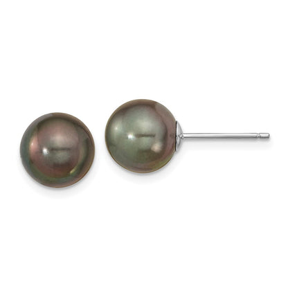 14K White Gold 9-10mm Black Round Tahitian Saltwater Cultured Pearl Post Earrings