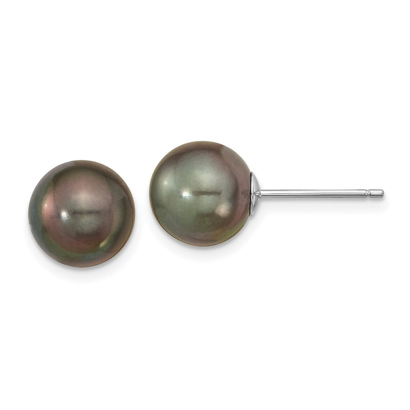 14K White Gold 9-10mm Black Round Tahitian Saltwater Cultured Pearl Post Earrings