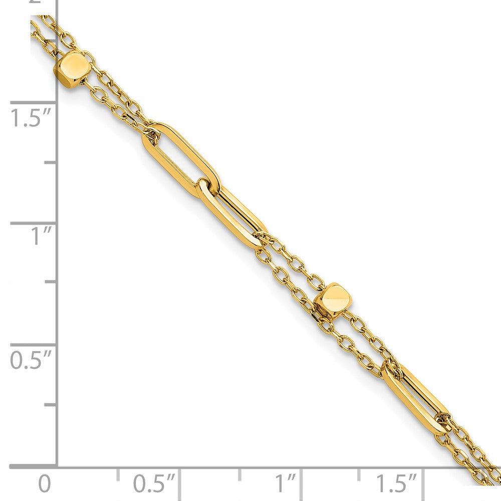 14K Yellow Gold Polished and Beaded 2-Strand with Fancy Paperclip Link Chain Bracelet