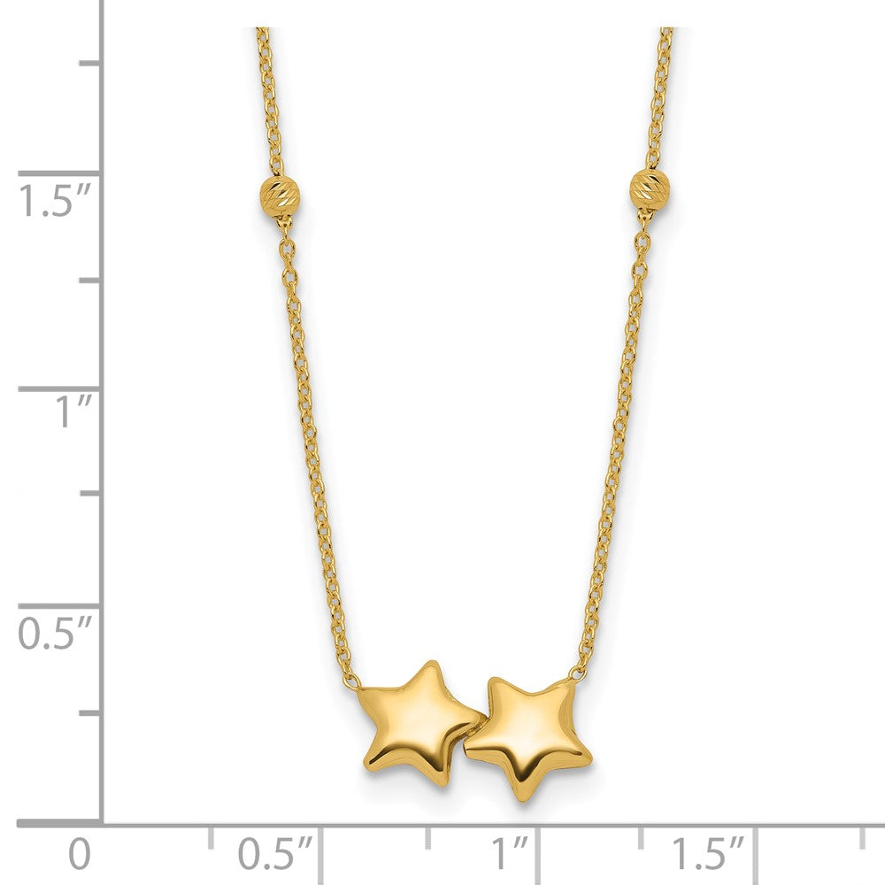 14K Yellow Gold Polished Double Star with Diamond-cut Beads 16 Inch Necklace Plus 2 Inch Extender