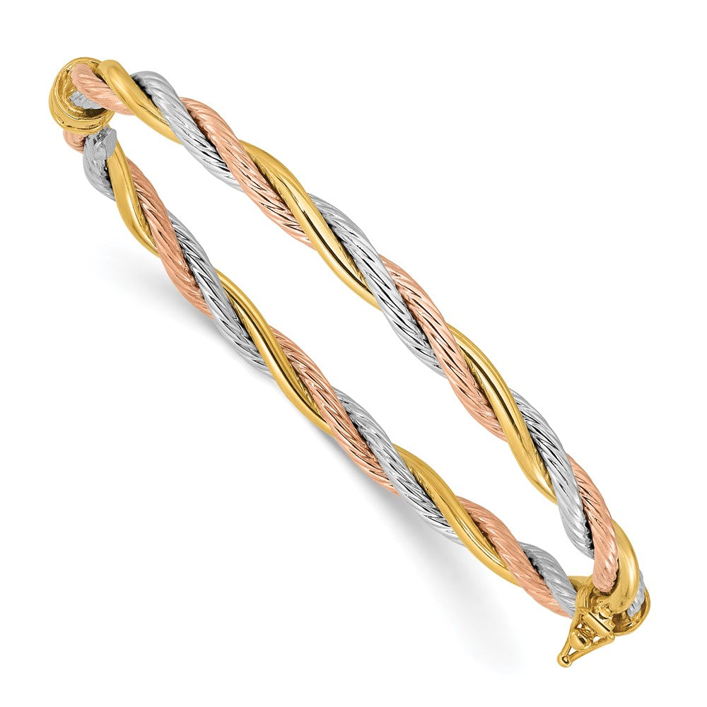 14K Tri-Color Gold Tri-color Polished and Textured 4.30mm Twisted Hinged Oval Bangle Bracelet