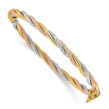 14K Tri-Color Gold Tri-color Polished and Textured 4.30mm Twisted Hinged Oval Bangle Bracelet