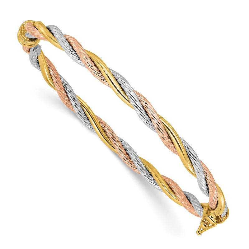 14K Tri-Color Gold Tri-color Polished and Textured 4.30mm Twisted Hinged Oval Bangle Bracelet