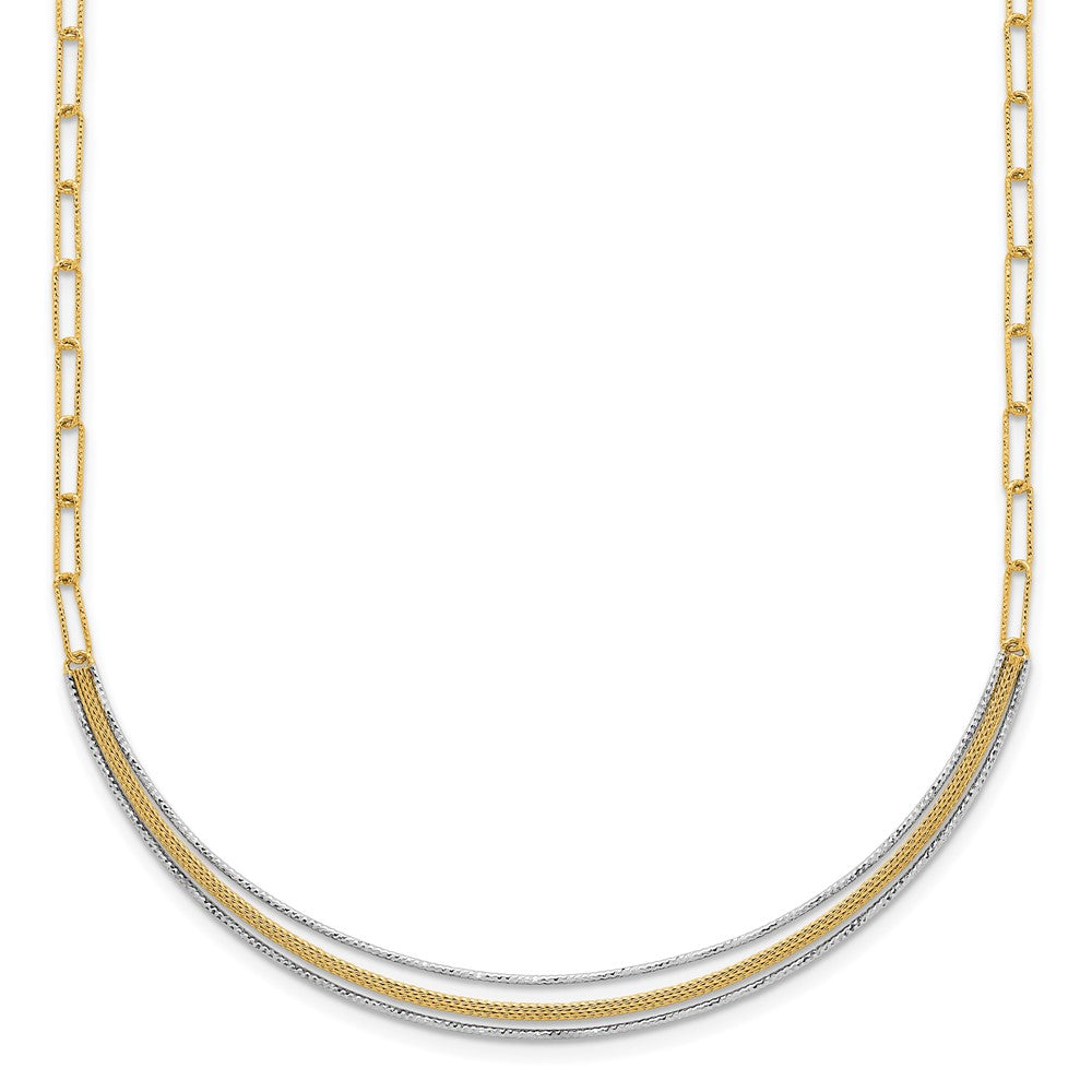 14K Two-Tone Gold Textured Woven Curved Bar with Long Link 17 Inch Necklace Plus 2 Inch Extender
