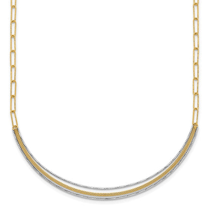 14K Two-Tone Gold Textured Woven Curved Bar with Long Link 17 Inch Necklace Plus 2 Inch Extender