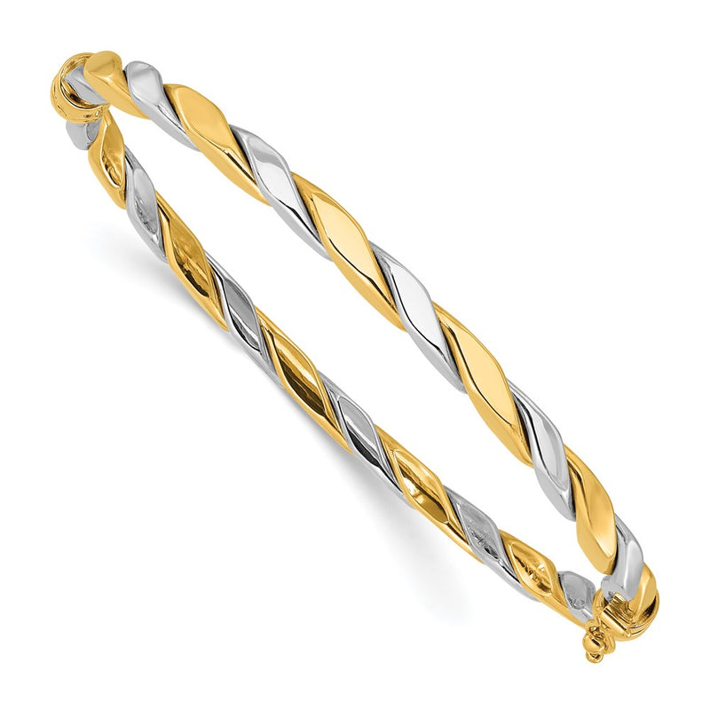 14K Two-Tone Gold Two-tone Polished and Twisted 3.50mm Hinged Oval Bangle Bracelet