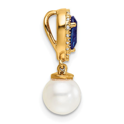 14K Yellow Gold 6-7mm Round Freshwater Cultured Pearl/Pear Sapphire/Diamond Teardrop Chain Slide