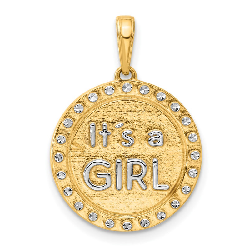 14K Yellow Gold and Rhodium Diamond-cut It's A Girl Pendant