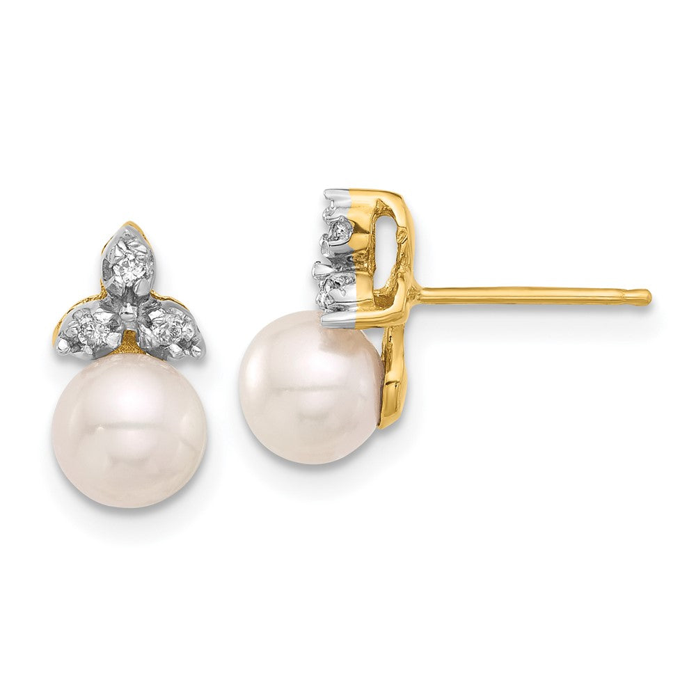 14K Yellow Gold 5-6mm Round Freshwater Cultured Pearl and .06 Carat Diamond Post Earrings