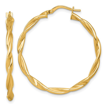 14K Yellow Gold Polished Twisted 2.75 x 35mm Tube Hoop Earrings