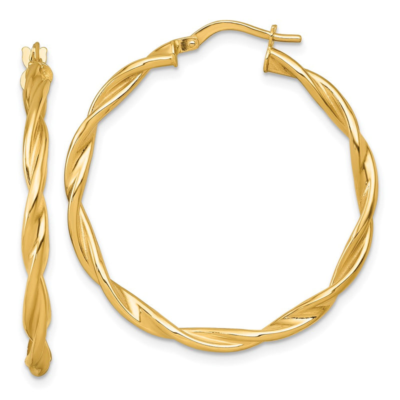14K Yellow Gold Polished Twisted 2.75 x 35mm Tube Hoop Earrings