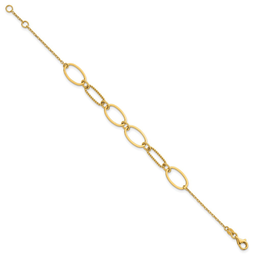 14K Yellow Gold Polished And Twisted 9.5mm Oval Links 6.75 Inch Bracelet Plus 0.5 Inch Extender