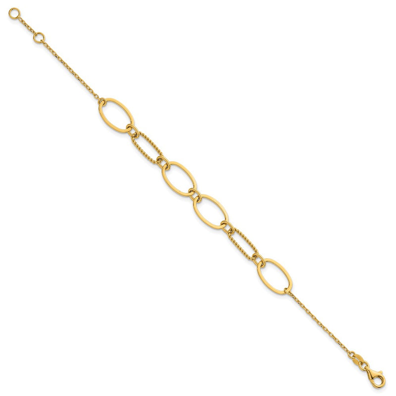 14K Yellow Gold Polished And Twisted 9.5mm Oval Links 6.75 Inch Bracelet Plus 0.5 Inch Extender