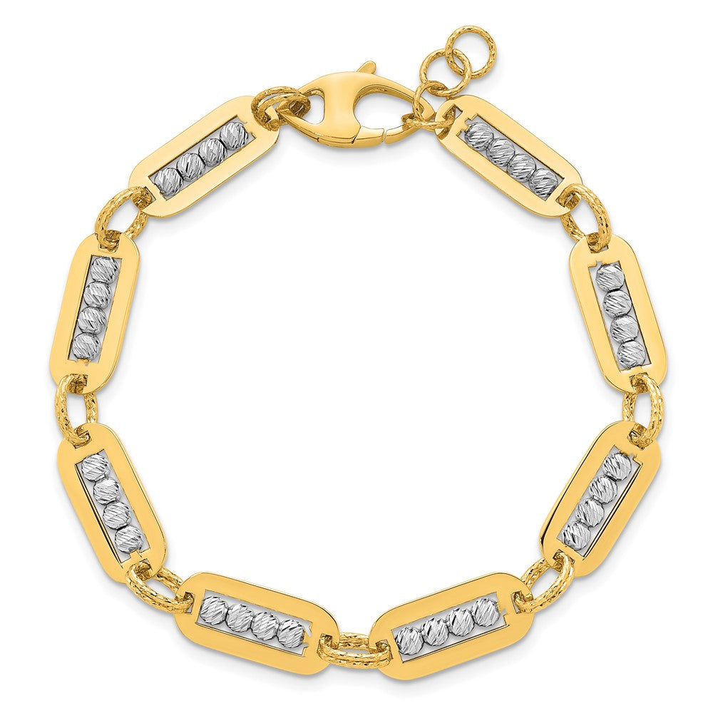 14K Two-Tone Gold Polished Diamond-cut Bead Chain Bracelet Plus Extender